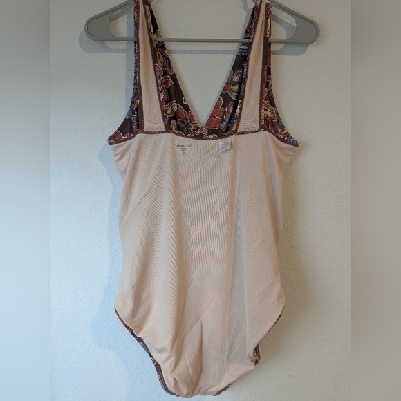 Garnet Hill Brown Colorful Floral V-Neck One-Piece Swimsuit Bohemian Retro - Picture 9 of 11